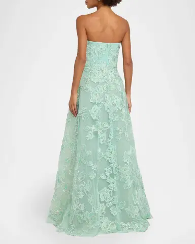 Reem Acra Floral Metallic Raffia Embroidered Tulle Strapless Gown | Thumbnail 3 Reem Acra Floral Metallic Raffia Embroidered Tulle Strapless Gown | Thumbnail 3