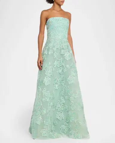 Reem Acra Floral Metallic Raffia Embroidered Tulle Strapless Gown | Thumbnail 4 Reem Acra Floral Metallic Raffia Embroidered Tulle Strapless Gown | Thumbnail 4