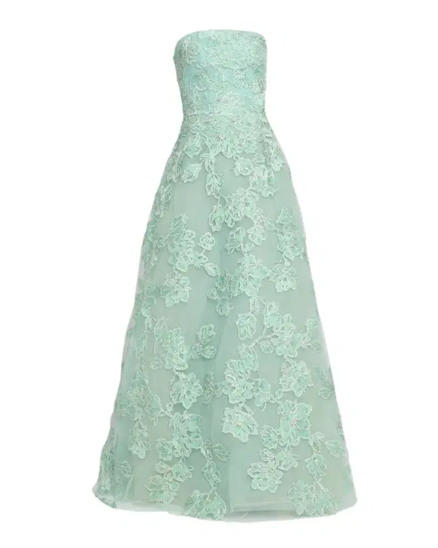 Floral Metallic Raffia Embroidered Tulle Strapless Gown