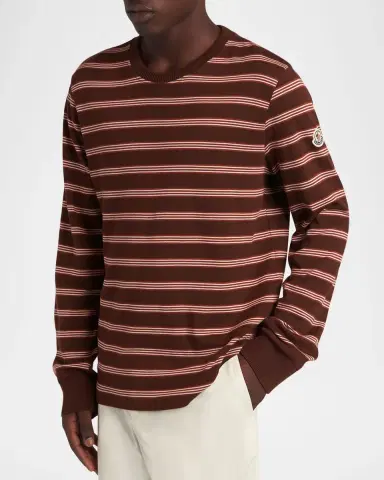 Moncler Men's Cotton Triple-Stripe Crewneck Long-Sleeve T-Shirt | Thumbnail 4 Moncler Men's Cotton Triple-Stripe Crewneck Long-Sleeve T-Shirt | Thumbnail 4
