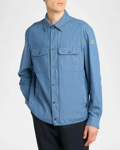 Moncler Men's Denim Snap-Front Shirt with Leather Patch | Thumbnail 3 Moncler Men's Denim Snap-Front Shirt with Leather Patch | Thumbnail 3