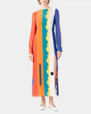 Akris Paravent-Print Silk Long-Sleeve Slits Maxi Dress | Thumbnail 2