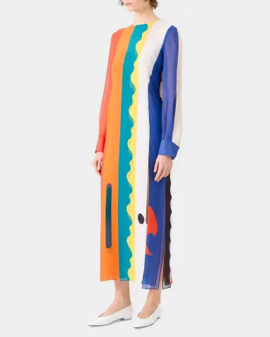 Akris Paravent-Print Silk Long-Sleeve Slits Maxi Dress | Thumbnail 5