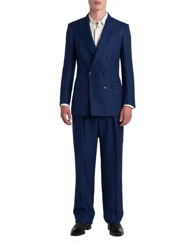 Pinstripe Wool-Linen Mid-Rise Straight-Leg Pants