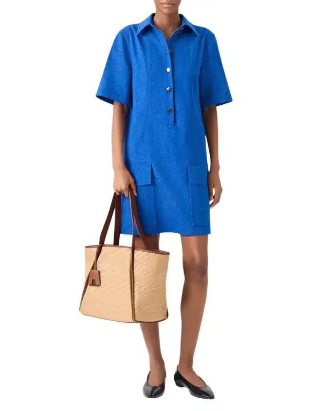 Short-Sleeve Cotton Stretch Denim Mini Polo Dress