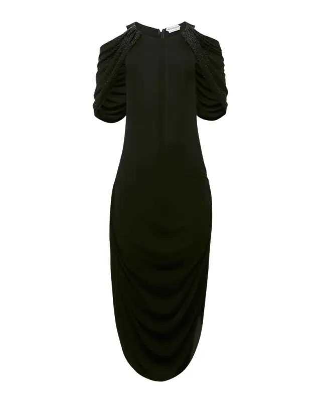 Beaded Sleeve Draped Midi Dress
