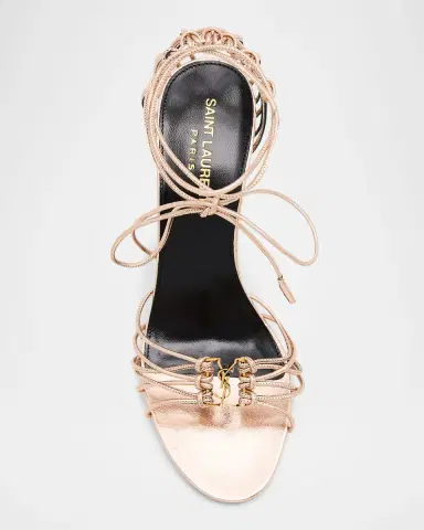 Saint Laurent 90mm Babylone YSL Metallic Leather Ankle-Tie Sandals | Thumbnail 4 Saint Laurent 90mm Babylone YSL Metallic Leather Ankle-Tie Sandals | Thumbnail 4