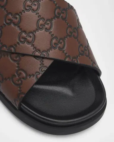 Gucci Men 's GG-Embossed Leather Slides | Thumbnail 3 Gucci Men 's GG-Embossed Leather Slides | Thumbnail 3