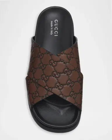 Gucci Men 's GG-Embossed Leather Slides | Thumbnail 4 Gucci Men 's GG-Embossed Leather Slides | Thumbnail 4