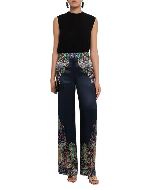 Paisley-Print Satin Straight-Leg Pants