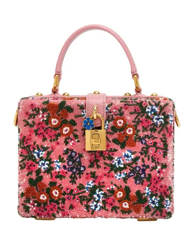 Box Floral Beaded Padlock Top-Handle Bag