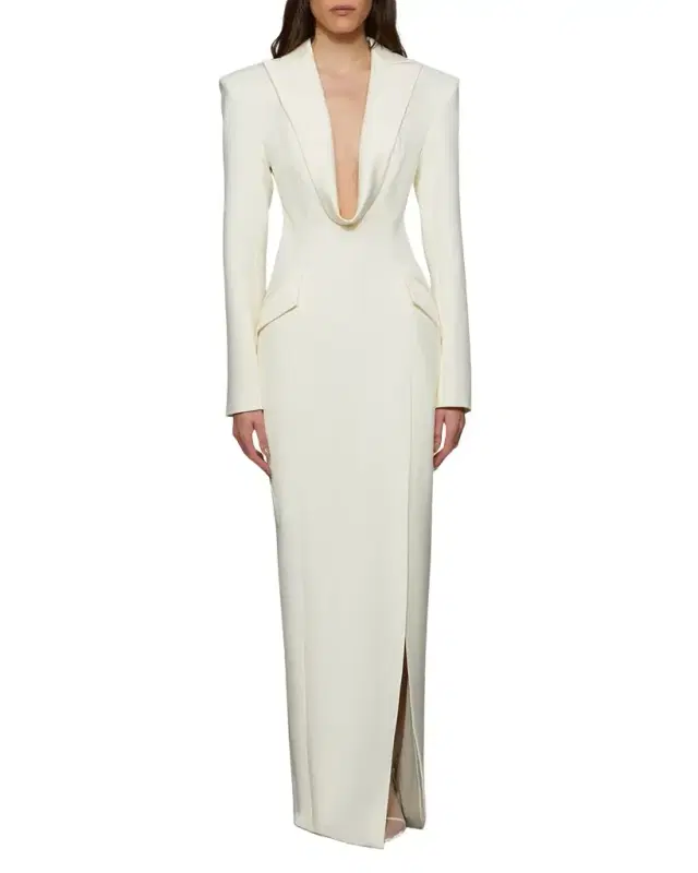 Sylvia Plunging Suiting Column Gown