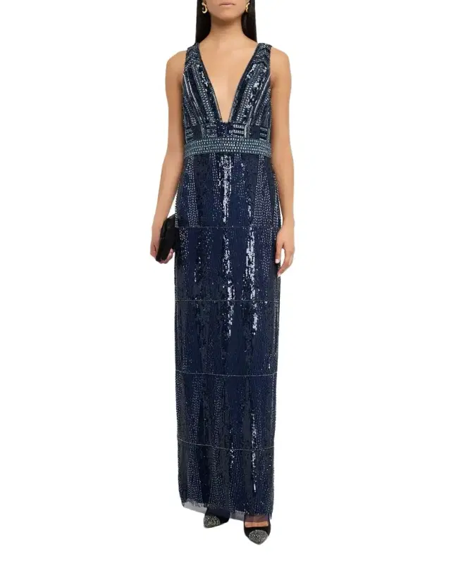 Beaded Deep V-Neck Column Gown