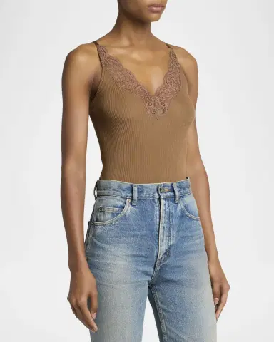 Saint Laurent Lace V-Neck Ribbed Tank Top | Thumbnail 4 Saint Laurent Lace V-Neck Ribbed Tank Top | Thumbnail 4