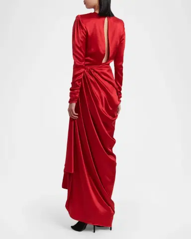 Valentino Garavani Asymmetric Draped Satin Long-Sleeve Gown | Thumbnail 3 Valentino Garavani Asymmetric Draped Satin Long-Sleeve Gown | Thumbnail 3
