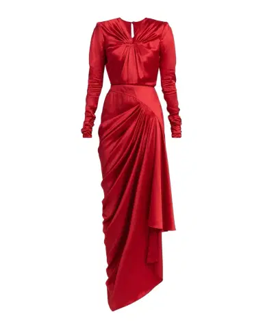 Valentino Garavani Asymmetric Draped Satin Long-Sleeve Gown | Thumbnail 1 Valentino Garavani Asymmetric Draped Satin Long-Sleeve Gown | Thumbnail 1
