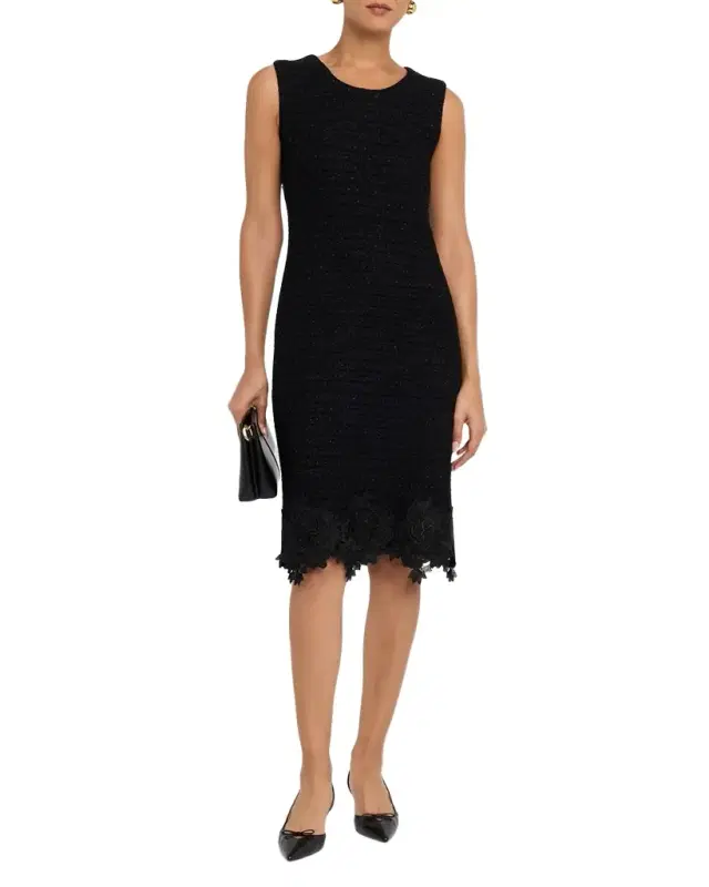 Sleeveless Lace-Trim Tweed Dress