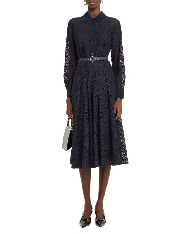 Pleated Floral Lace Midi Shirtdress