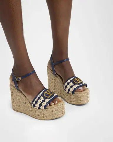 Valentino Garavani 120mm VLogo Signature Crochet Wedge Sandals | Thumbnail 2 Valentino Garavani 120mm VLogo Signature Crochet Wedge Sandals | Thumbnail 2