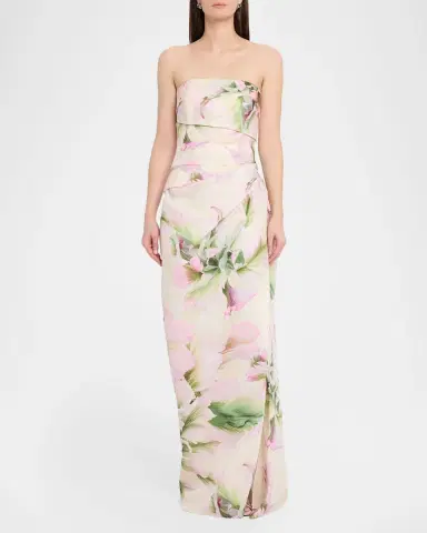 MONIQUE LHUILLIER Strapless Tulip Printed Gown with Slit | Thumbnail 2 MONIQUE LHUILLIER Strapless Tulip Printed Gown with Slit | Thumbnail 2