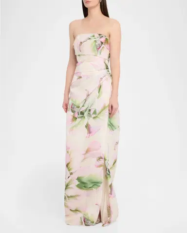MONIQUE LHUILLIER Strapless Tulip Printed Gown with Slit | Thumbnail 4 MONIQUE LHUILLIER Strapless Tulip Printed Gown with Slit | Thumbnail 4