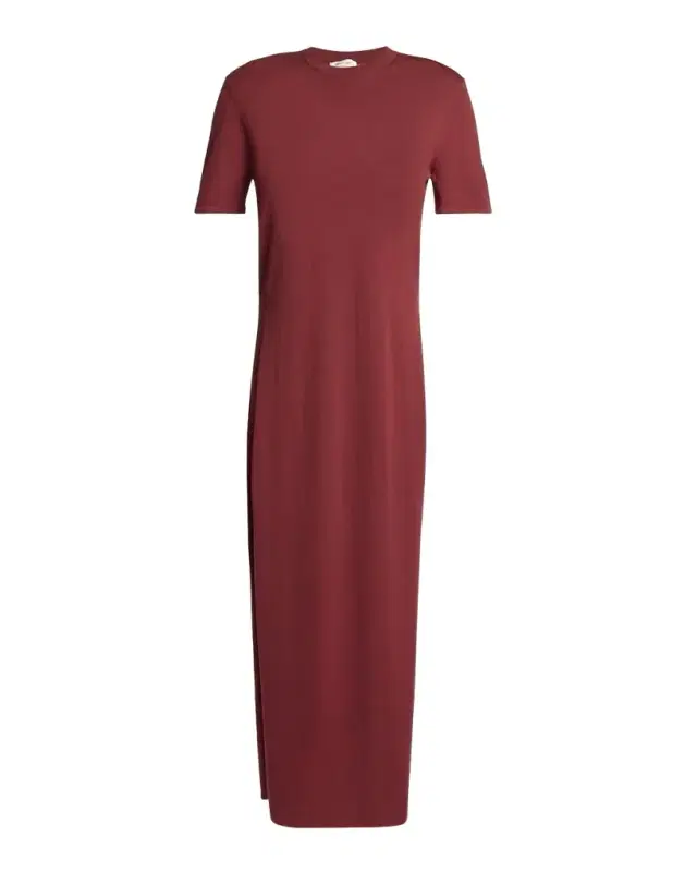 Short-Sleeve Wool Side-Slits Midi Dress
