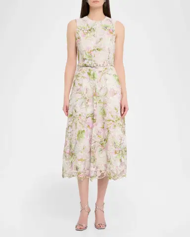Monique Lhuillier Printed Tulip Lace Sleeveless Belted Midi Dress | Thumbnail 2