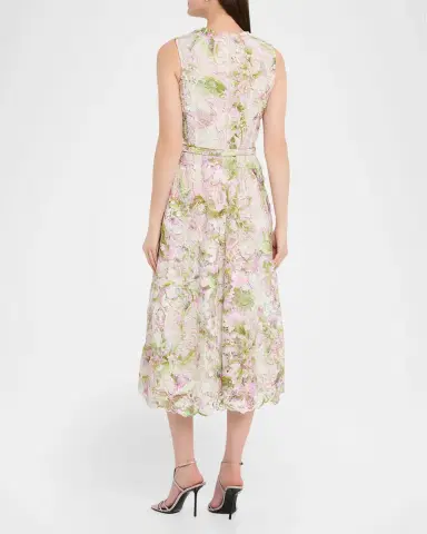 Monique Lhuillier Printed Tulip Lace Sleeveless Belted Midi Dress | Thumbnail 3