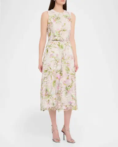 Monique Lhuillier Printed Tulip Lace Sleeveless Belted Midi Dress | Thumbnail 4