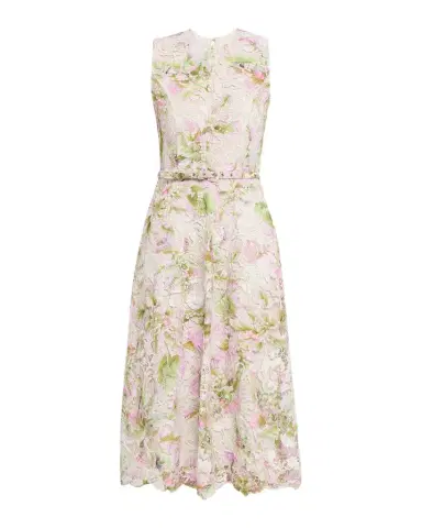 Monique Lhuillier Printed Tulip Lace Sleeveless Belted Midi Dress | Thumbnail 1