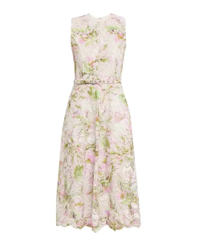 Printed Tulip Lace Sleeveless Belted Midi Dress