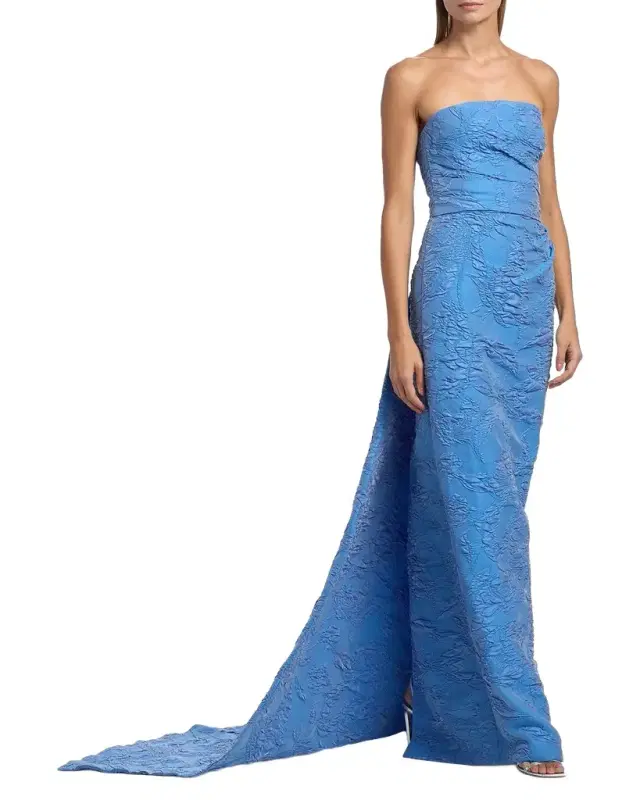 Strapless Draped-Train Bubble Jacquard Column Gown