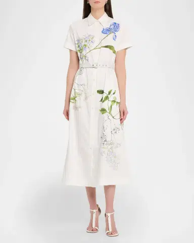 Monique Lhuillier Floral Cotton Short-Sleeve Midi Shirtdress | Thumbnail 2 Monique Lhuillier Floral Cotton Short-Sleeve Midi Shirtdress | Thumbnail 2