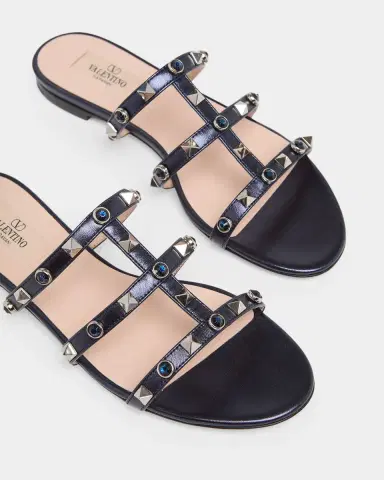 Valentino Garavani 5mm Rockstud Metallic Leather Flat Slide Sandals | Thumbnail 5