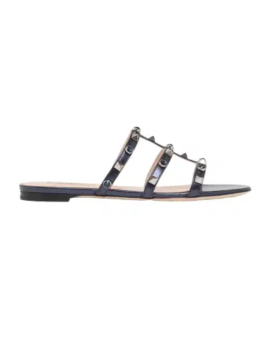 Valentino Garavani 5mm Rockstud Metallic Leather Flat Slide Sandals | Thumbnail 1