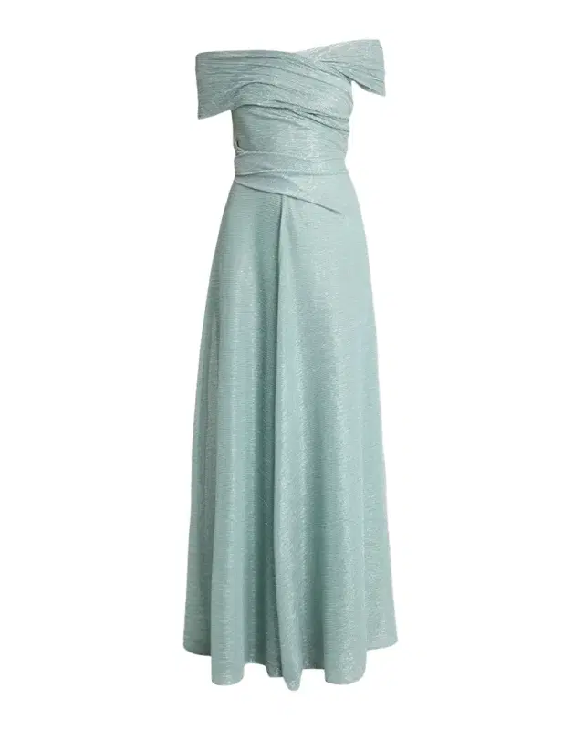 Draped Off-The-Shoulder Metallic Plisse Gown