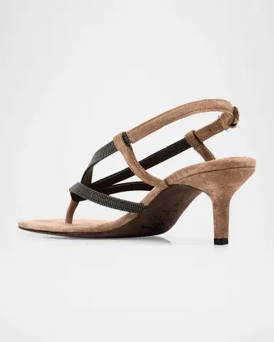 Brunello Cucinelli Suede Slingback Sandals with Monili Straps | Thumbnail 3