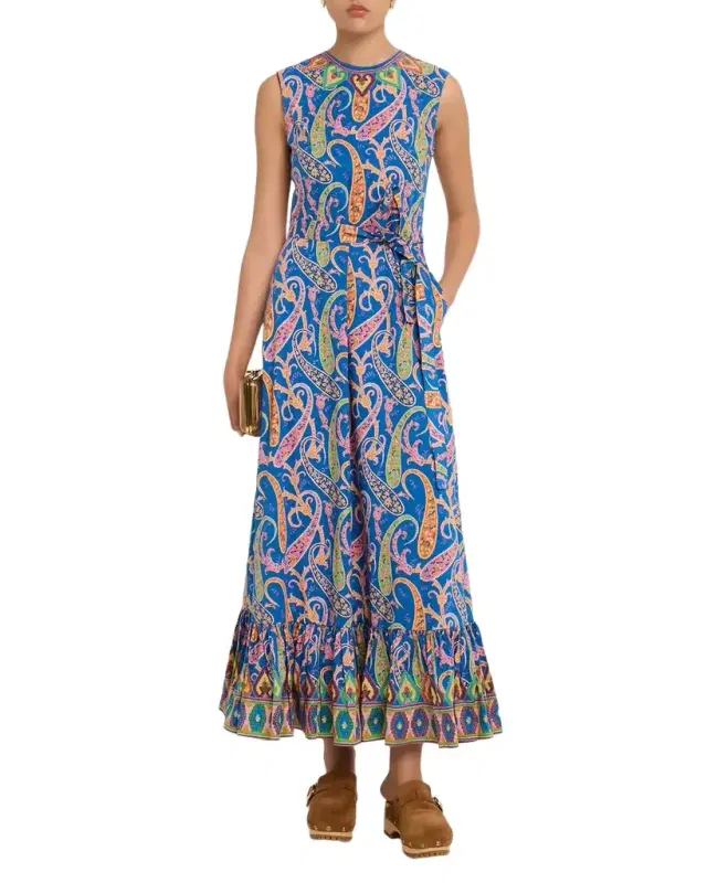 Paisley-Print Cotton Ruffle A-Line Maxi Dress
