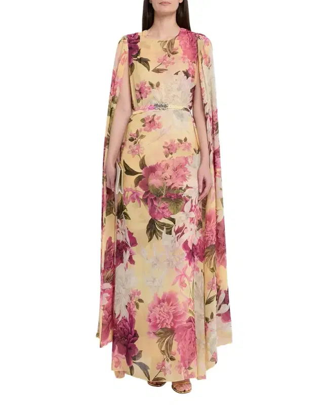 Senka Belted Cape-Sleeve Floral Gown
