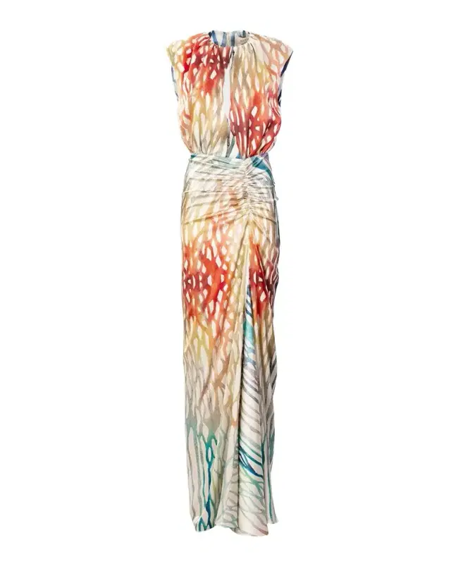 Samaira Coral Symphony Ruched Sleeveless Maxi Dress