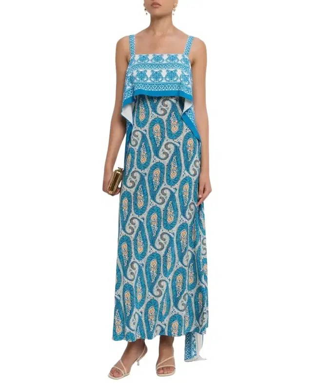 Paisley-Print Sleeveless Panel Drape Maxi Dress
