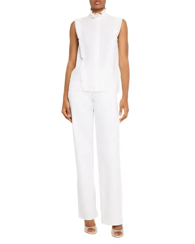 Sleeveless Ruffle-Trim Cotton Poplin Shirt