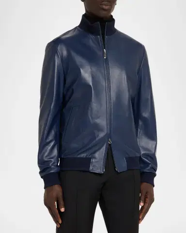 Stefano Ricci Men's Leather Knit-Trim Full-Zip Blouson | Thumbnail 3