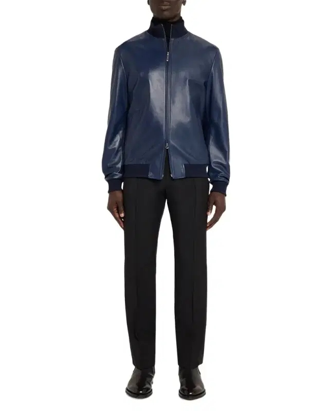 Men 's Leather Knit-Trim Full-Zip Blouson