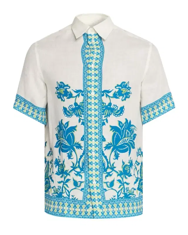 Men 's Floral-Print Linen Short-Sleeve Button-Down Shirt