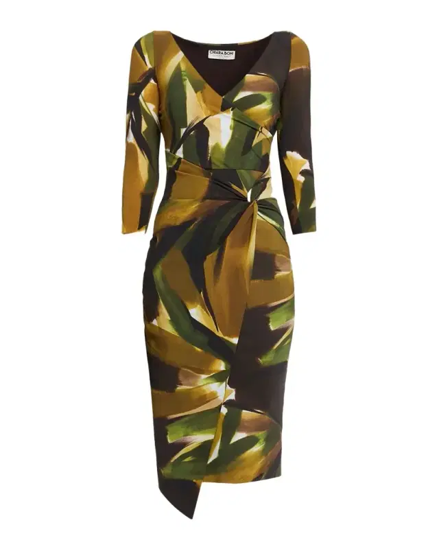 Axas Gathered Abstract-Print Midi Dress