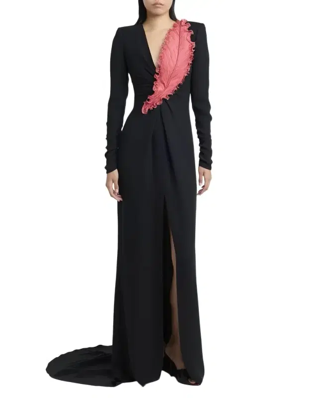 Plunging Embroidered Crepe Long-Sleeve Slit Gown