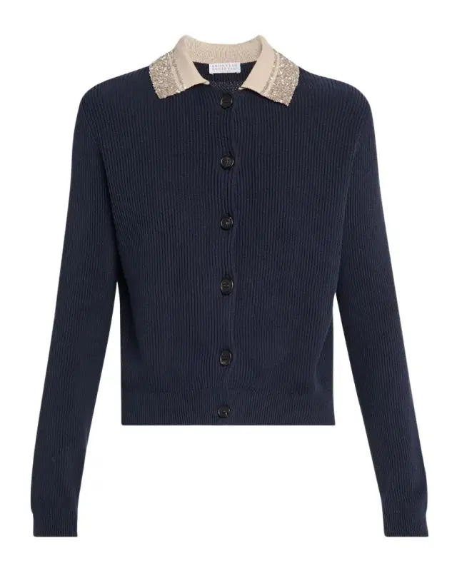 Paillette Collar Cotton Rib Cardigan
