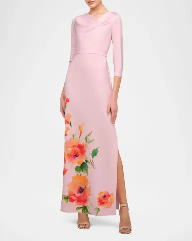 Kay Unger New York Magnolia Floral-Print Stretch Crepe Column Gown | Thumbnail 2 Kay Unger New York Magnolia Floral-Print Stretch Crepe Column Gown | Thumbnail 2