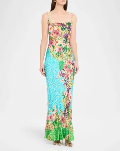 Saloni Renee Long Floral Silk Spaghetti-Strap Dress | Thumbnail 3 Saloni Renee Long Floral Silk Spaghetti-Strap Dress | Thumbnail 3